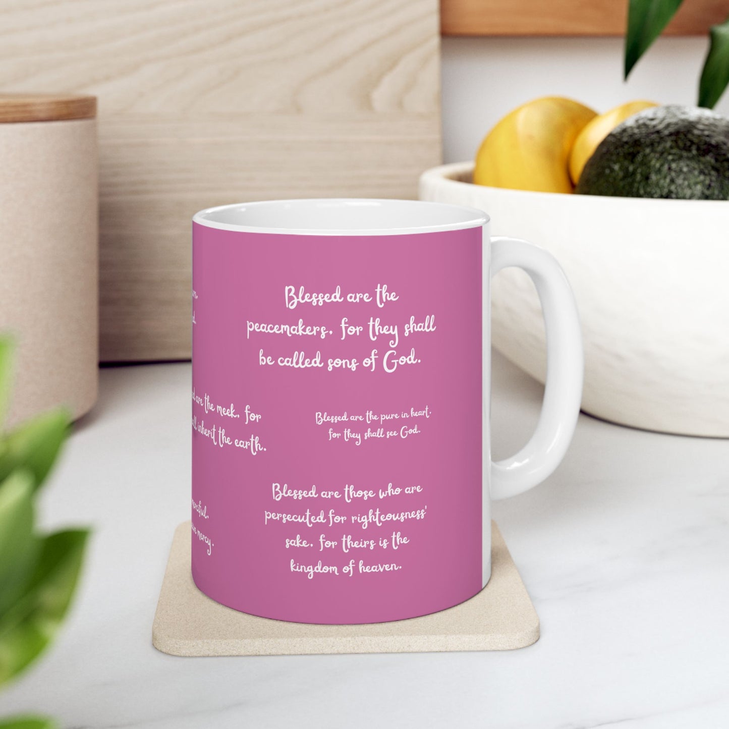 "Blessed" The Beatitudes Pink Ceramic Coffee Mug | Bible Verse Tea Cup