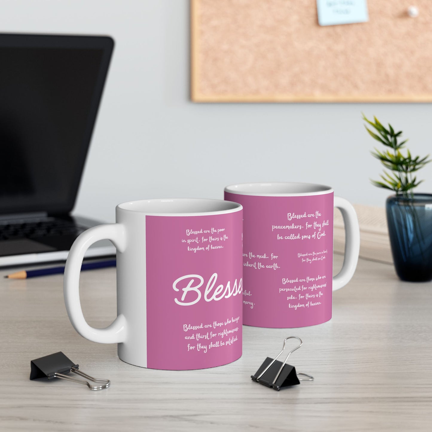 "Blessed" The Beatitudes Pink Ceramic Coffee Mug | Bible Verse Tea Cup
