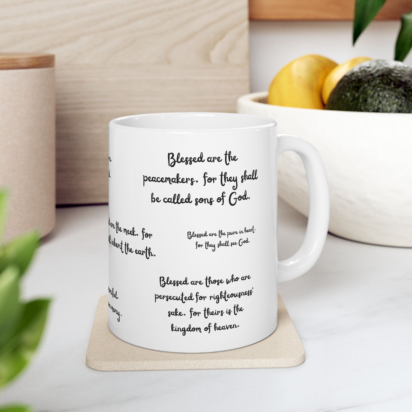 "Blessed" The Beatitudes White Ceramic Coffee Mug | Bible Verse Tea Cup