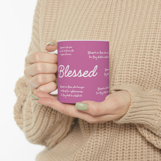 "Blessed" The Beatitudes Pink Ceramic Coffee Mug | Bible Verse Tea Cup