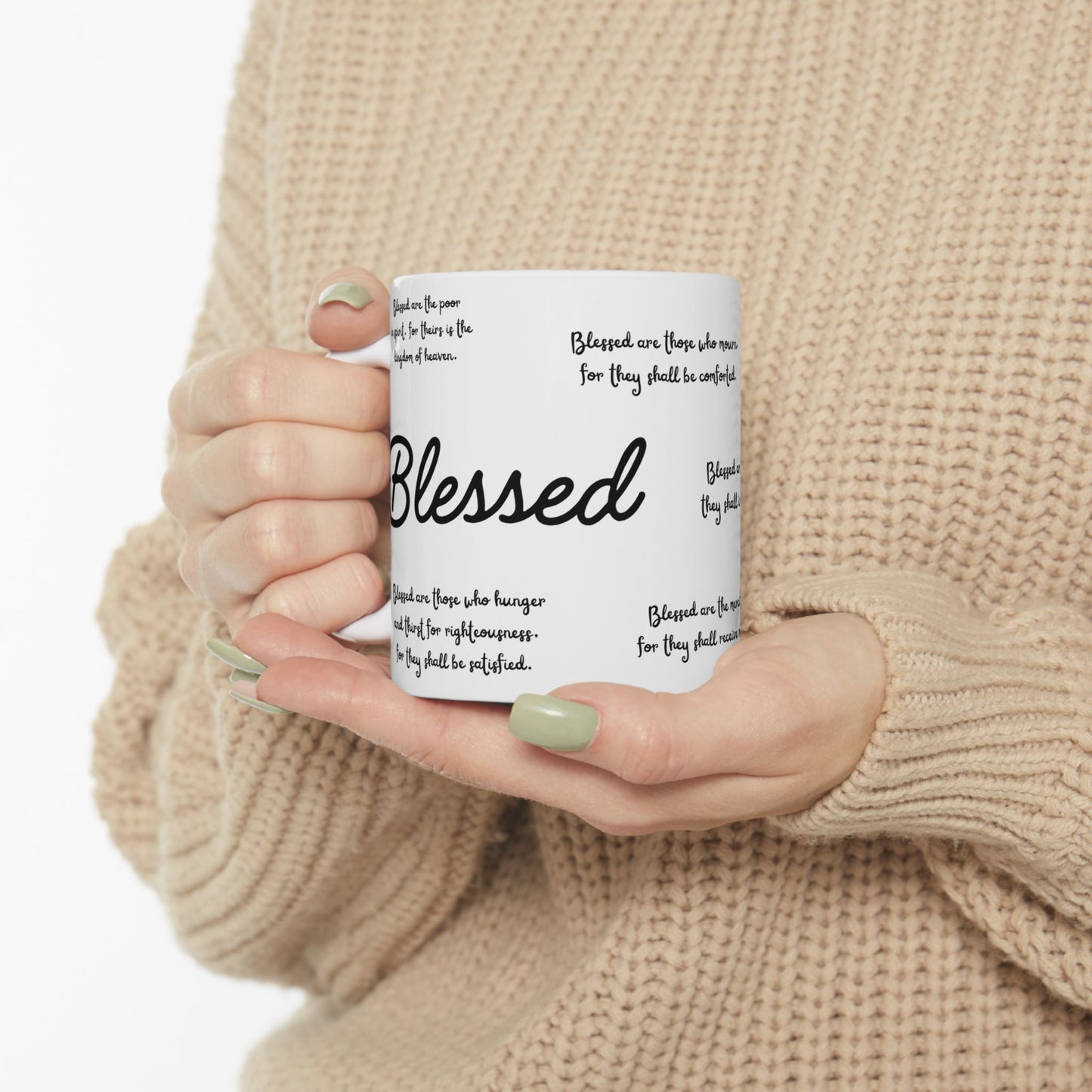 "Blessed" The Beatitudes White Ceramic Coffee Mug | Bible Verse Tea Cup