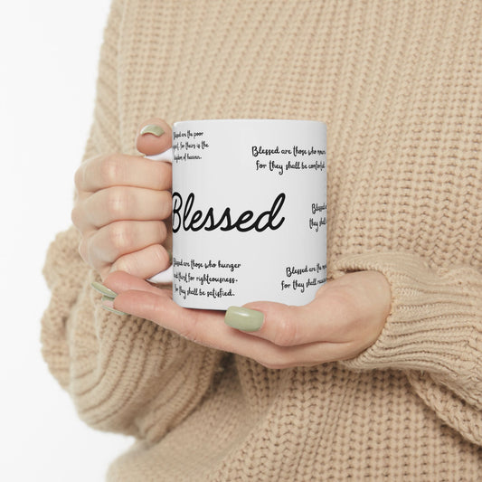 "Blessed" The Beatitudes White Ceramic Coffee Mug | Bible Verse Tea Cup